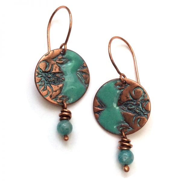 Copper enameled earrings with ammonite beads