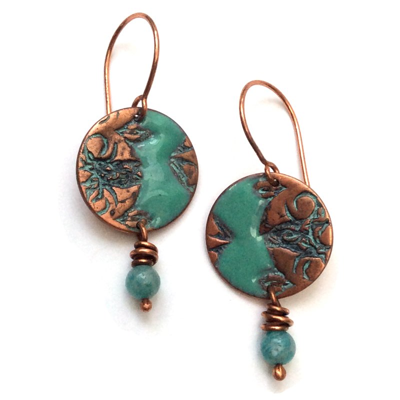 Copper enameled earrings with ammonite beads