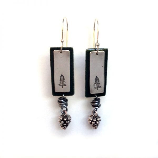 Silver wire-wrapped pine cone earrings