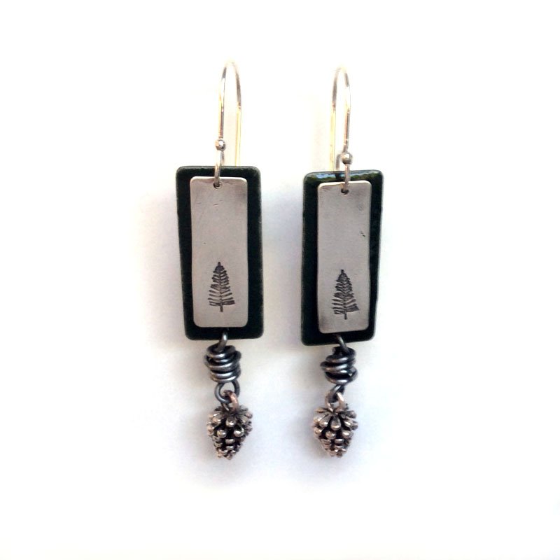 Silver wire-wrapped pine cone earrings