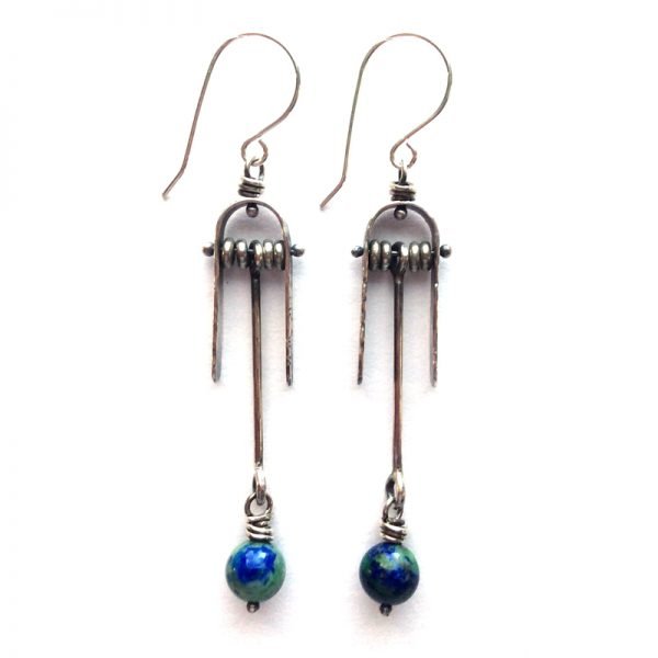 Silver Planet Earth earrings with Azurite beads