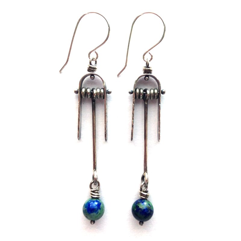 Silver Planet Earth earrings with Azurite beads